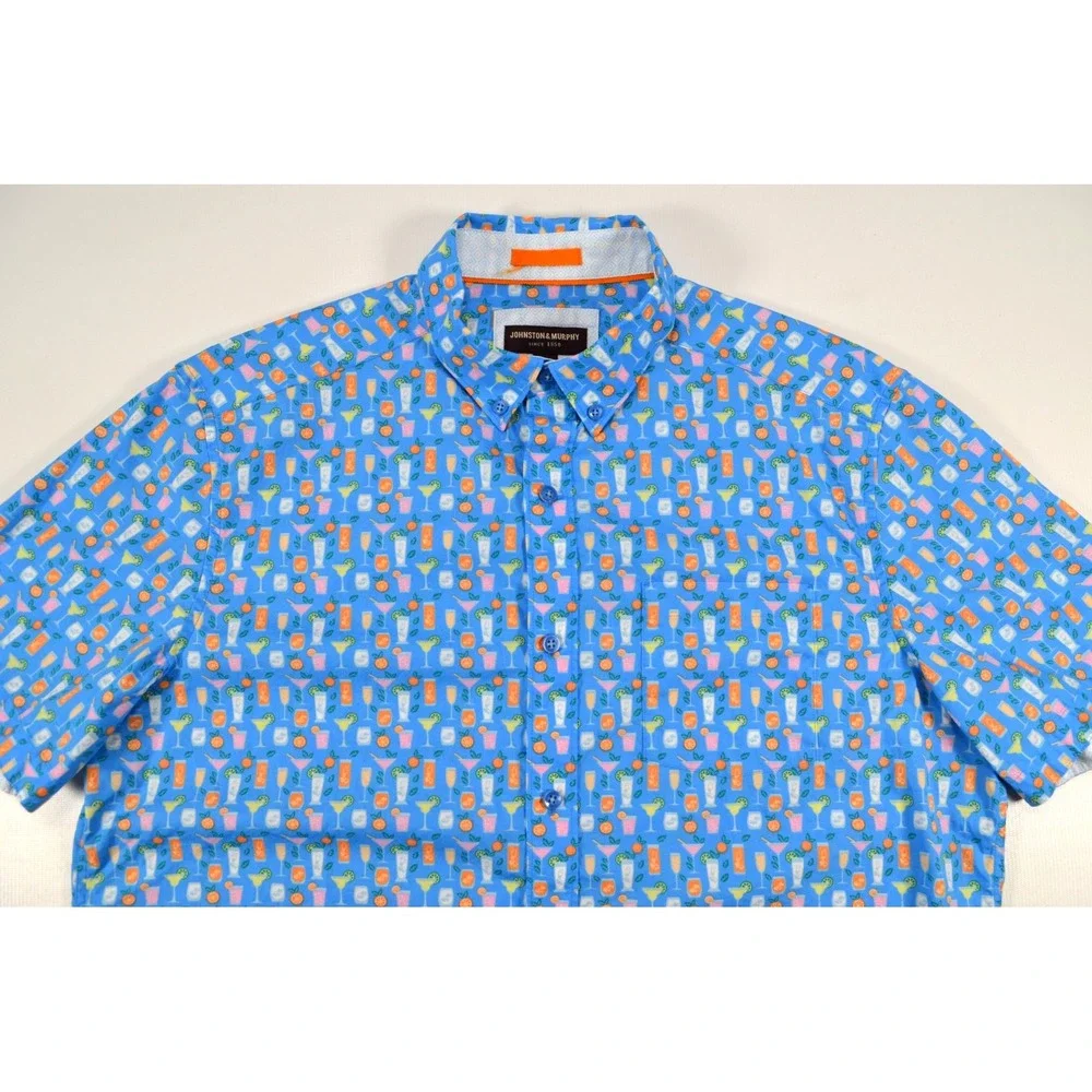 Johnston & Murphy Shirt Men's L Button Front Short Sleeve Blue w/ Cocktail Glass - Picture 12 of 16